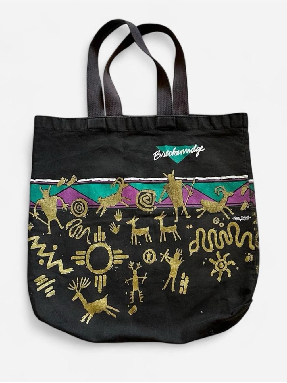 Vintage 1990d breckenridge Colorado Black Tote Bag with Gold Petroglyph Design